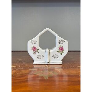 Vintage Ceramic Salt & Pepper Shaker Set • One-Piece Floral Basket Holder